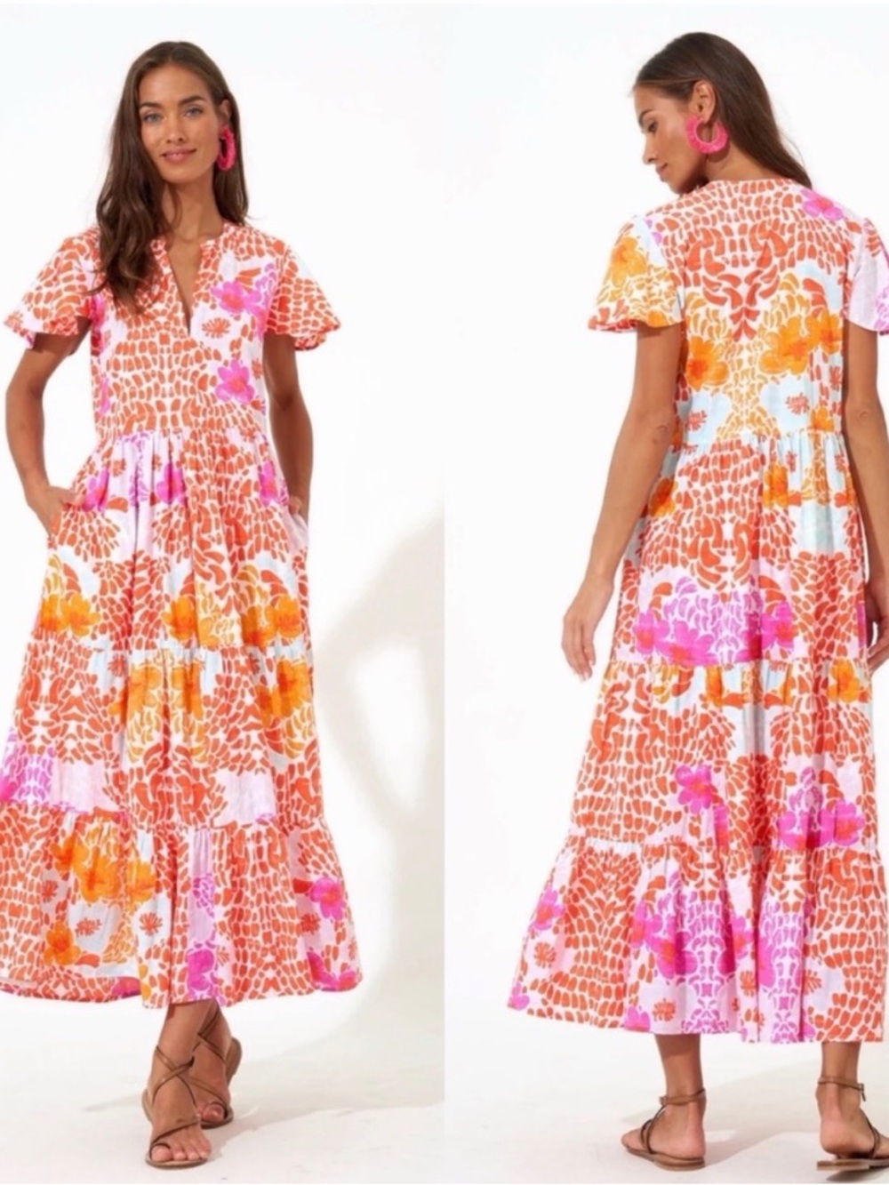 Oliphant Coral, Pink & Orange Floral Tiered Maxi Dress